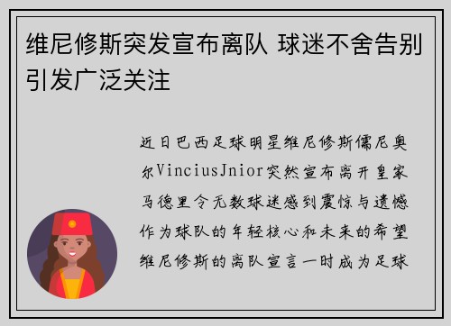 维尼修斯突发宣布离队 球迷不舍告别引发广泛关注