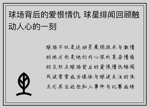 球场背后的爱恨情仇 球星绯闻回顾触动人心的一刻