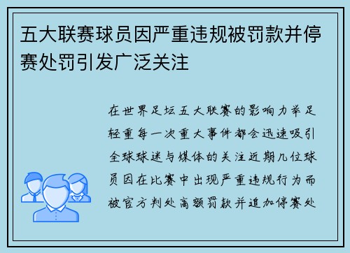 五大联赛球员因严重违规被罚款并停赛处罚引发广泛关注 五大联赛球员因严重违规被罚款并停赛处罚引发广泛关注